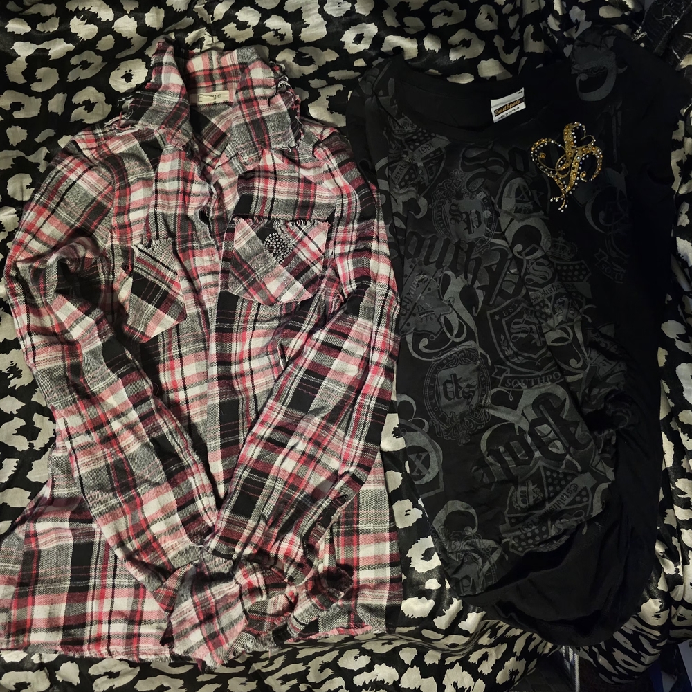 Women's Pink and Black Plaid Button Down Shirt